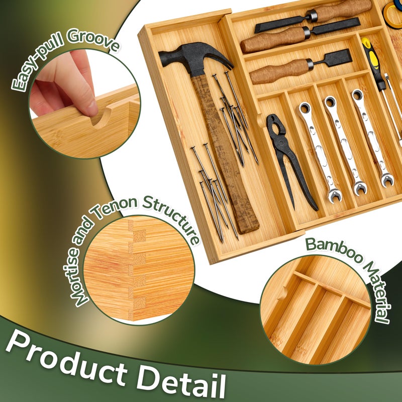 BAMEOS drawer organizer flatware organizer cutlery tray silverware organizer expandable adjustable bamboo drawer organizer kitchen bathroom - Image 3